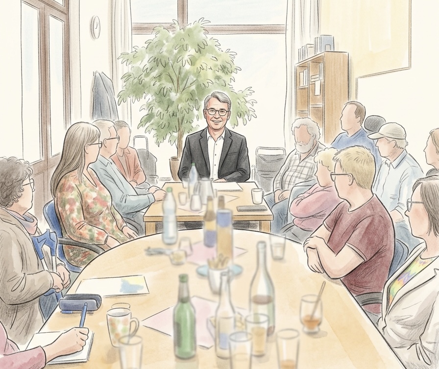 KI-gezeichnete Szene eines Treffens in einem hellen Raum: Mehrere Menschen sitzen an einem langen Holztisch. Im Mittelpunkt steht eine lächelnde Person mit Brille, kurzem grauem Haar, dunklem Sakko und weißem Hemd im hinteren Bereich des Raums. Die übrigen Anwesenden sind bewusst nur skizzenhaft und ohne erkennbare Gesichtszüge dargestellt. Getränke und Gegenstände auf dem Tisch treten dezent in den Hintergrund.